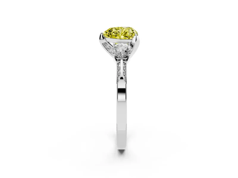 Heart-Shaped Hidden Halo Three Stone Engagement Ring Setting for a Fancy Yellow Lab-Grown Diamond | Platinum