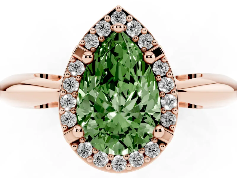 Fancy Green Pear Cut Diamond Halo Engagement Ring Set in Rose gold with Plain Split Shank and Prong Setting