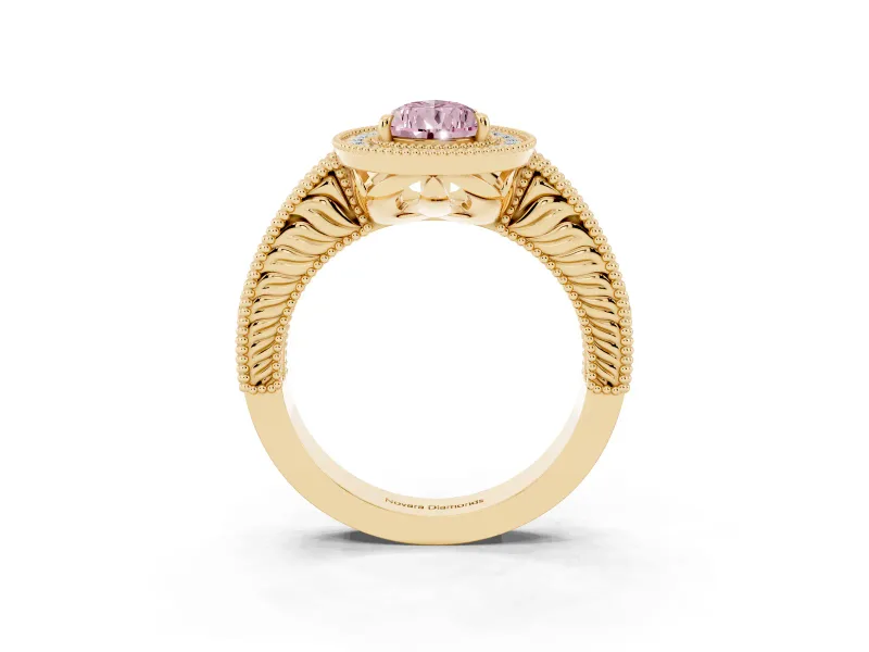Pear-Shaped Milgrain Halo Engagement Ring Setting for a Fancy Pink Lab-Grown Diamond | Carved Leaf Detail | Yellow Gold
