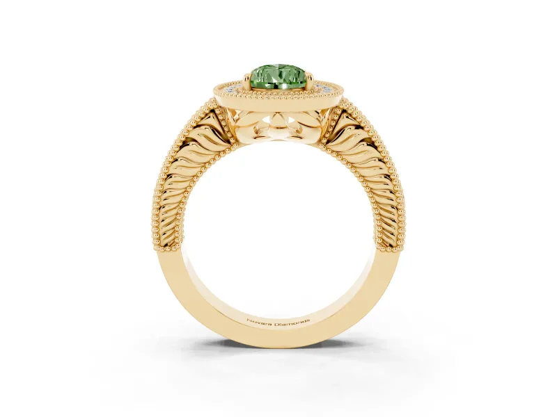 Pear-Shaped Milgrain Halo Engagement Ring Setting for a Fancy Green Lab-Grown Diamond | Carved Leaf Detail | Yellow Gold