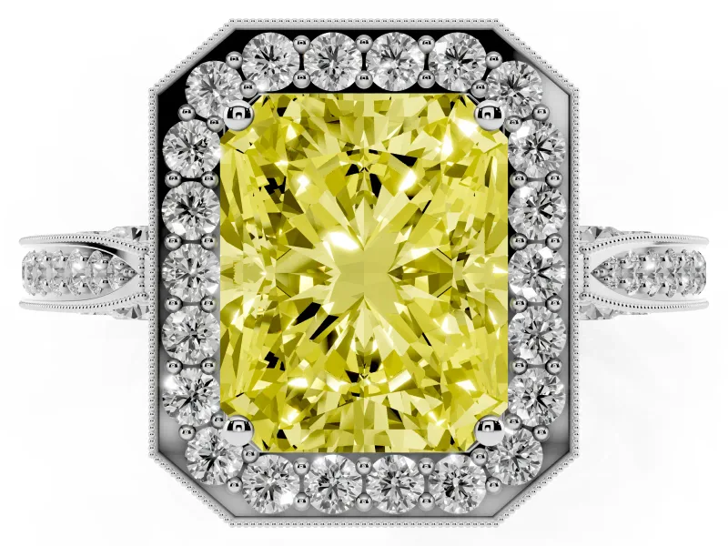 Radiant Cut Milgrain Halo Engagement Ring Setting for a Fancy Yellow Lab-Grown Diamond | Side Stones | White Gold