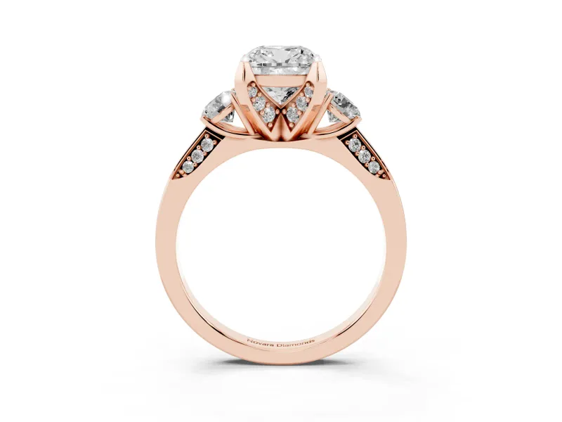 Cushion Cut Hidden Halo Three Stone Engagement Ring Setting | Pave Gallery | Rose Gold