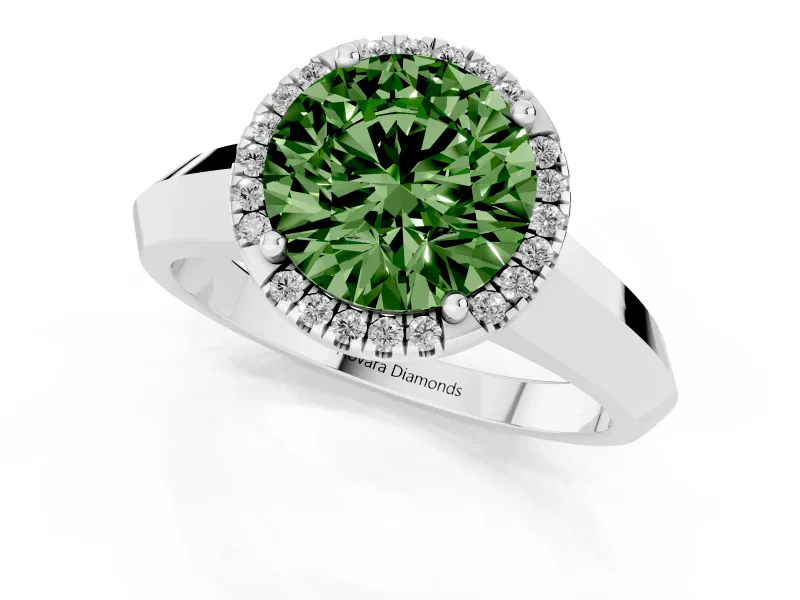 Fancy Green Round Cut Diamond Halo Ring Set in White gold with Cathedral Band and Prong Setting