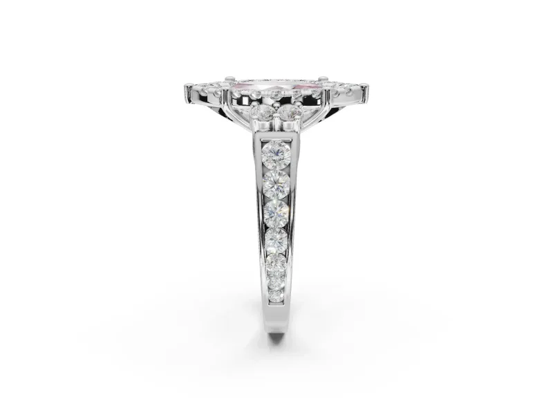 Marquise Halo Engagement Ring Setting for a Fancy Pink Lab-Grown Diamond | Side Clusters | Platinum