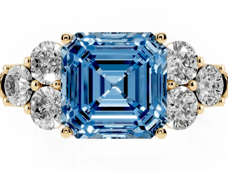 Asscher Cut Side Stone Engagement Ring Setting for a Fancy Blue Lab-Grown Diamond | Yellow Gold