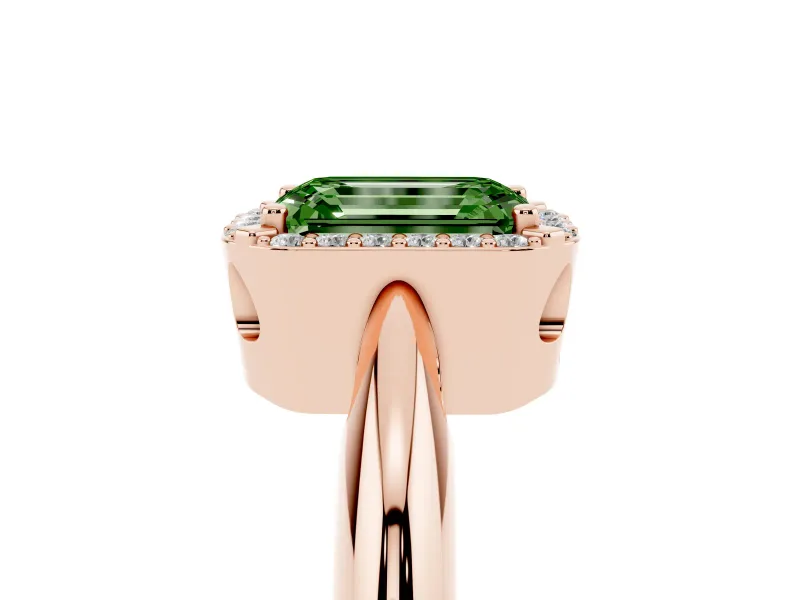 Fancy Green Emerald Cut Diamond Halo Engagement Ring Set in Rose gold with Plain Split Shank and Prong Setting