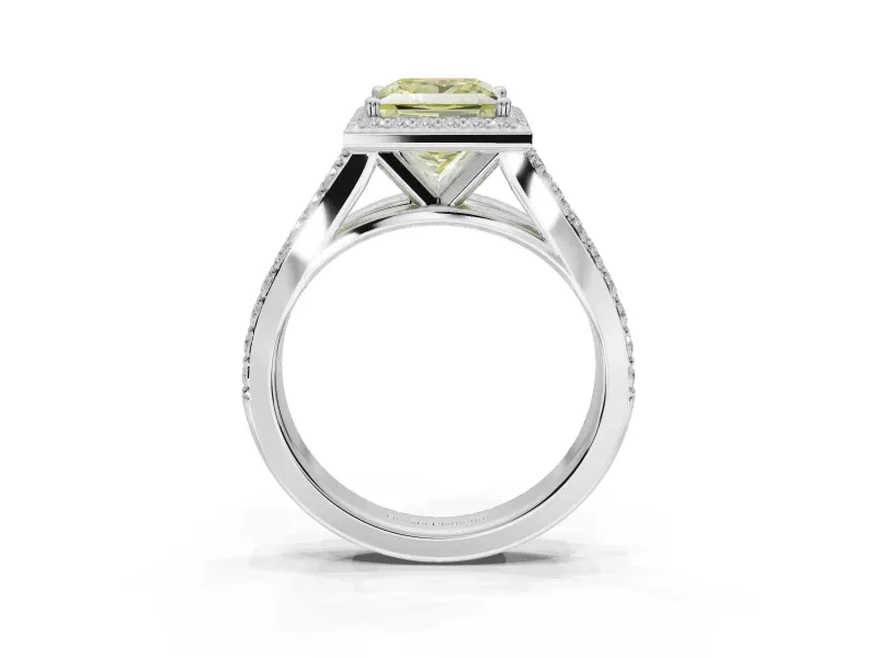 Princess Cut Halo Pavé Engagement Ring Setting for a Fancy Yellow Lab-Grown Diamond | Narrow Split Shank | White Gold