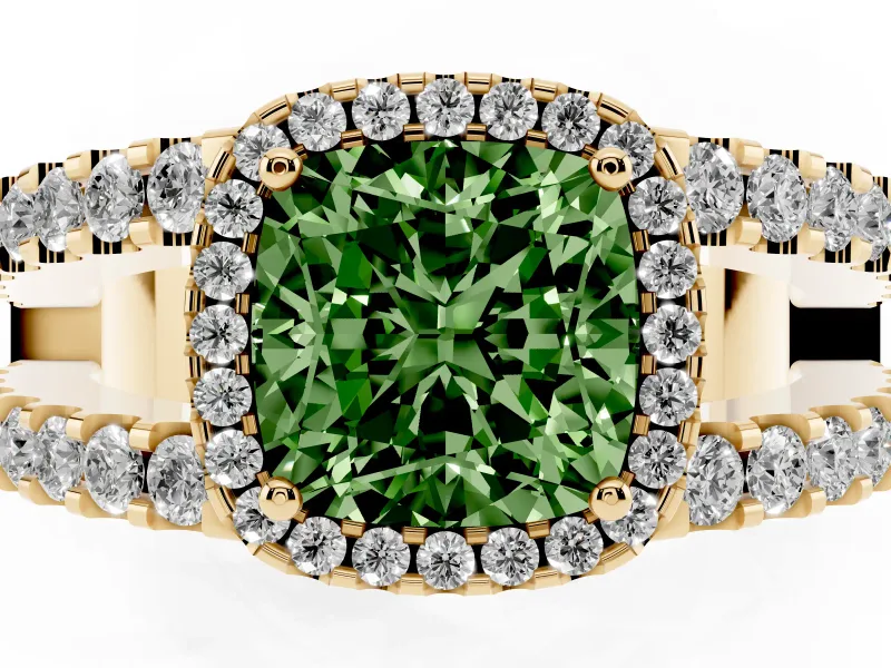 Fancy Green Cushion Cut Diamond Halo Ring Set in Yellow gold with Pavé Split Shank and Prong Setting