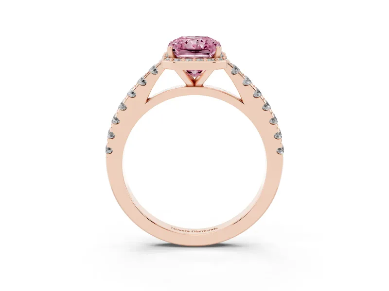 Fancy Pink Radiant Cut Diamond Halo Engagement Ring Set in Rose gold with Pavé Band and Prong Setting
