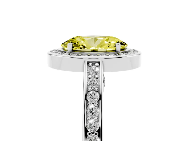 Fancy Yellow Oval Cut Diamond Halo Pavé Split Shank Ring Set in Silver with Prong Setting