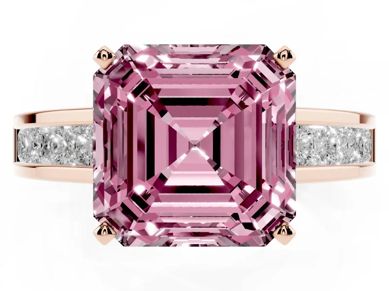 Fancy Pink Asscher Cut Diamond Solitaire Ring Set in Rose gold with Channel-Set Band and Prong Setting
