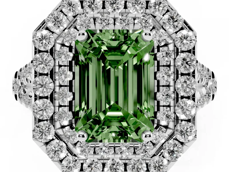 Emerald Cut Halo Split Shank Engagement Ring Setting for a Fancy Green Lab-Grown Diamond | Pavé Strands | White Gold