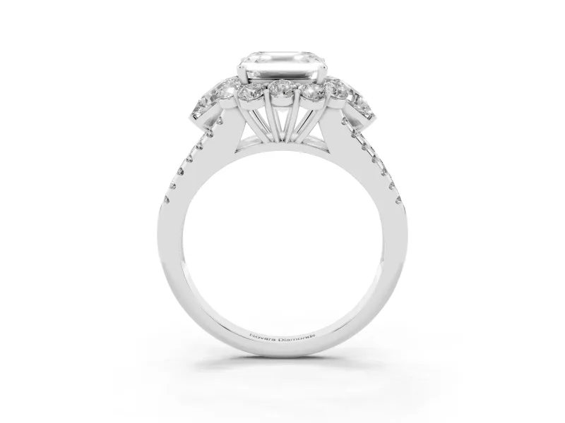 Asscher Cut Diamond Halo Split Shank Engagement Ring Set in Platinum with Prong-Held Center Stone