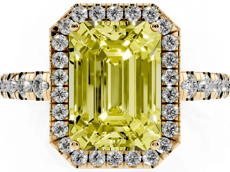 Fancy Yellow Emerald Cut Diamond Halo Ring Set in Yellow gold with Delicate Pavé Band and Prong Setting