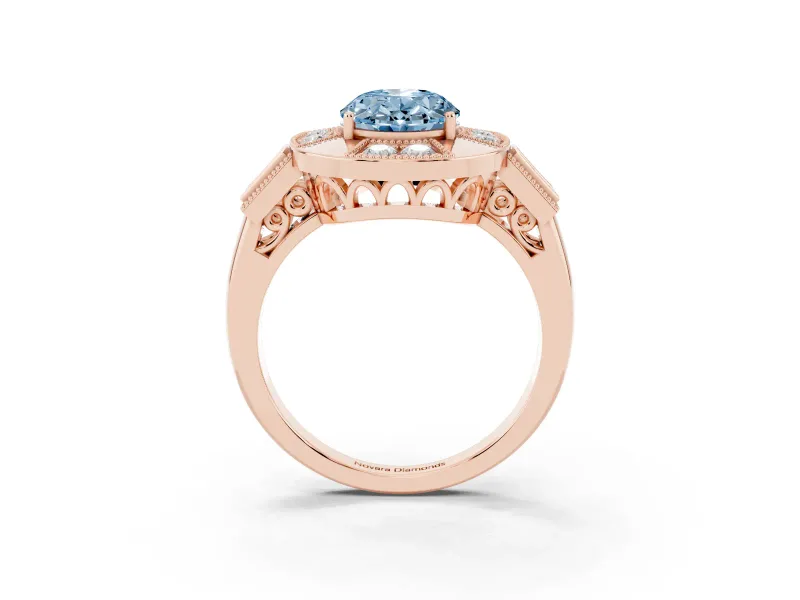 Fancy Blue Oval Cut Diamond Milgrain Halo Ring Set in Rose gold with Split Shank