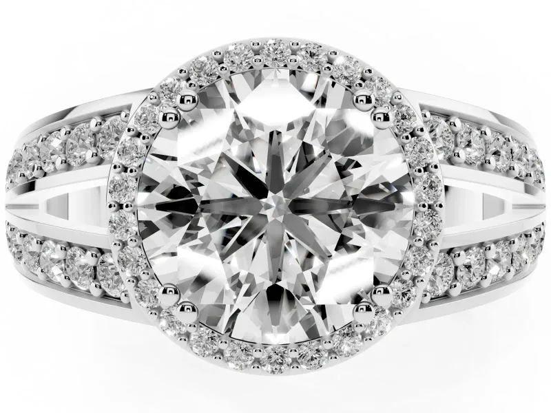 Round Halo Engagement Ring Setting | Two-Row Pave Split Shank | White Gold