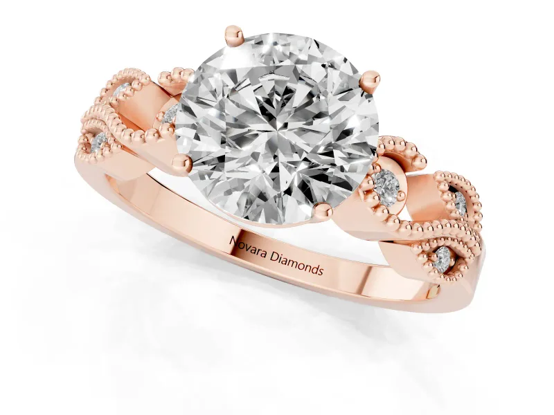 Round Cut Diamond Milgrain Leaf Band Solitaire Ring Set in Rose gold with Accent Stones and Prong Setting