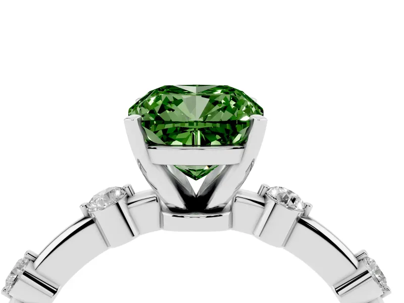 Fancy Green Cushion Cut Diamond Solitaire Ring Set in White gold with Bezel Set Side Stones and Prong Setting