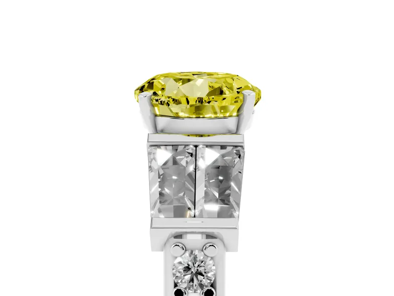 Fancy Yellow Round Cut Diamond Engagement Ring Set in Platinum with Baguette Side Stones and Channel Set Band