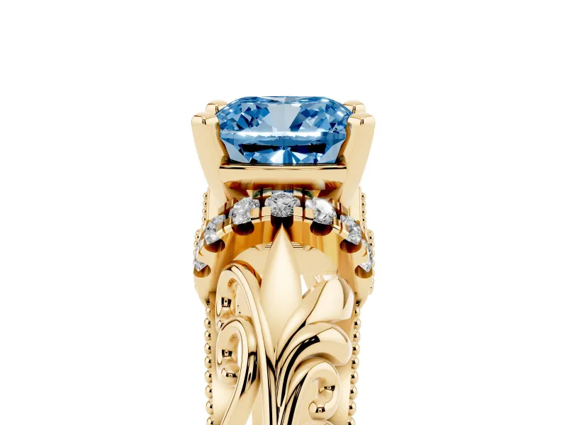 Cushion Cut Filigree Engagement Ring Setting for a Fancy Blue Lab-Grown Diamond | Yellow Gold