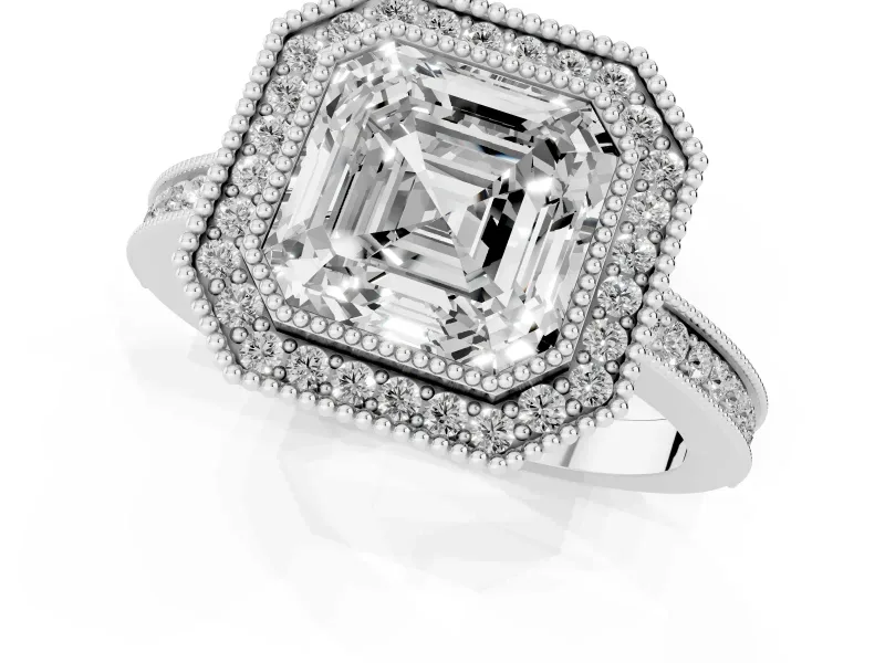 Asscher Cut Diamond Halo Ring Set in Silver with Pavé Band and Milgrain-Edged Prongs