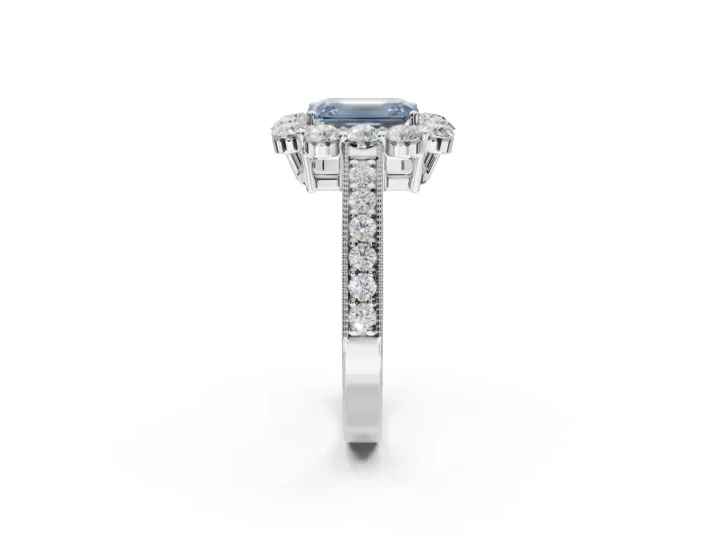 Emerald Cut Vintage Halo Engagement Ring Setting for a Fancy Blue Lab-Grown Diamond | Platinum