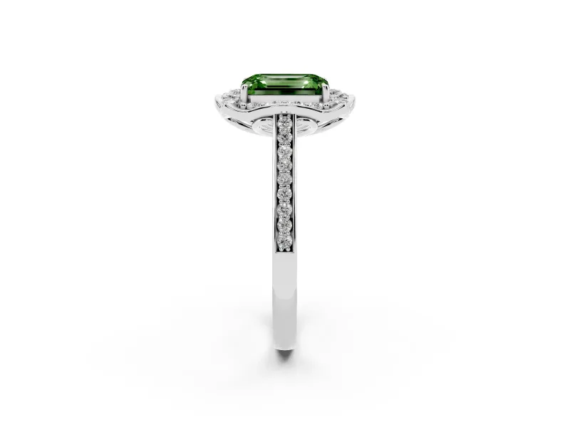 Emerald Cut Petal Tip Halo Engagement Ring Setting for a Fancy Green Lab-Grown Diamond | Pavé Band | Sterling Silver