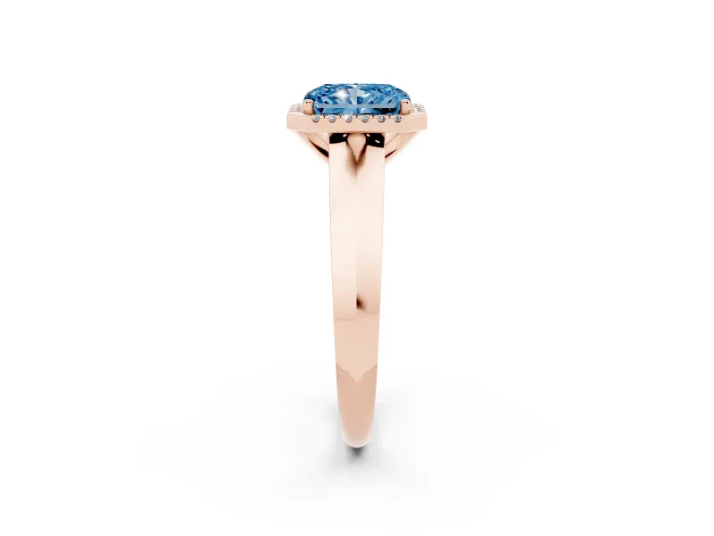 Fancy Blue Radiant Cut Diamond Halo Ring Set in Rose gold with Cathedral Band and Prong Setting