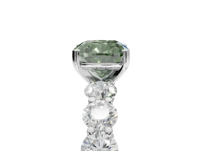 Cushion Cut Side Stone Engagement Ring Setting for a Fancy Green Lab-Grown Diamond | Scalloped Prong Accents | Platinum