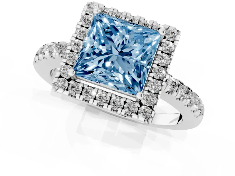 Fancy Blue Princess Cut Diamond Pavé Band Halo Engagement Ring Set in White gold with Prong Setting