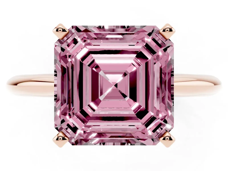 Fancy Pink Asscher Cut Diamond Solitaire Ring Set in Rose gold with Prong Setting on a Plain Round Band