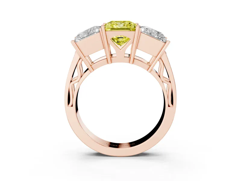 Princess Cut Three Stone Engagement Ring Setting for a Fancy Yellow Lab-Grown Diamond | Beaded Shoulders | Rose Gold