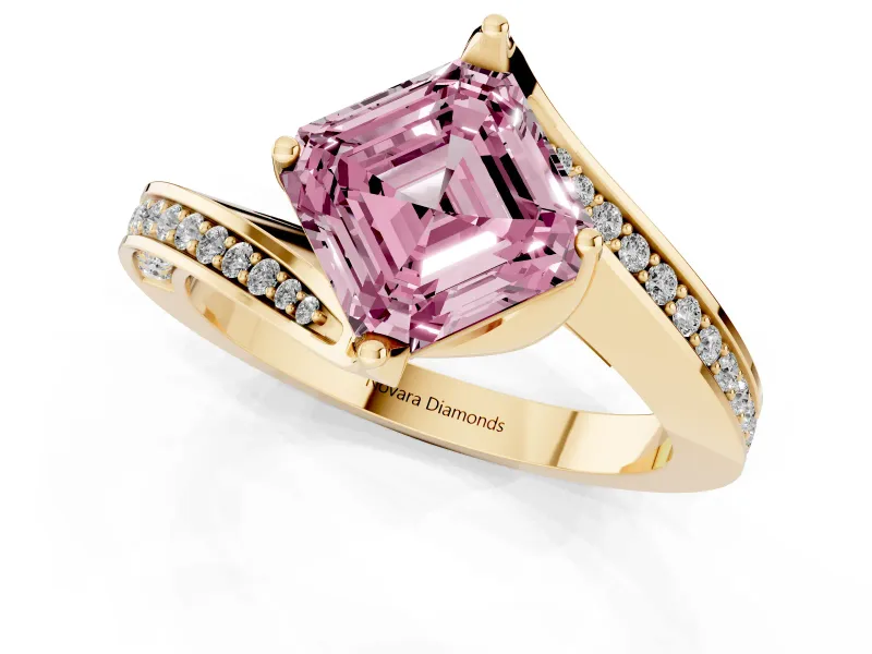 Fancy Pink Asscher Cut Diamond Solitaire Ring Set in Yellow gold with Intertwined Pavé Twist Band