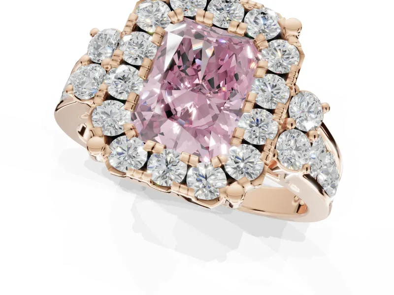 Radiant Cut Halo Engagement Ring Setting for a Fancy Pink Lab-Grown Diamond | Graduated Channel Band | Rose Gold