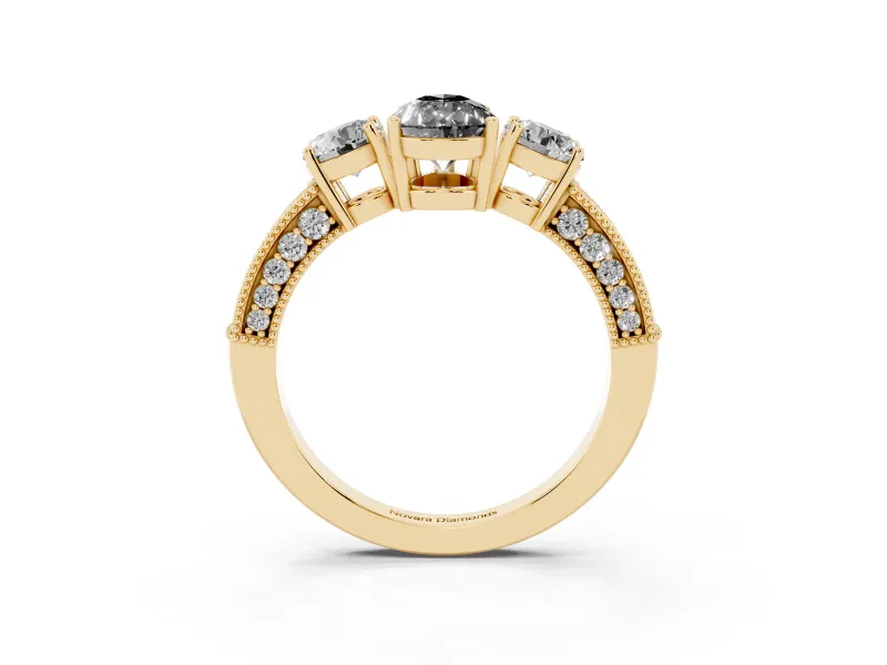 Pear-Shaped Vintage Three Stone Engagement Ring Setting for a Black Center | Graduated Milgrain Pavé | Yellow Gold