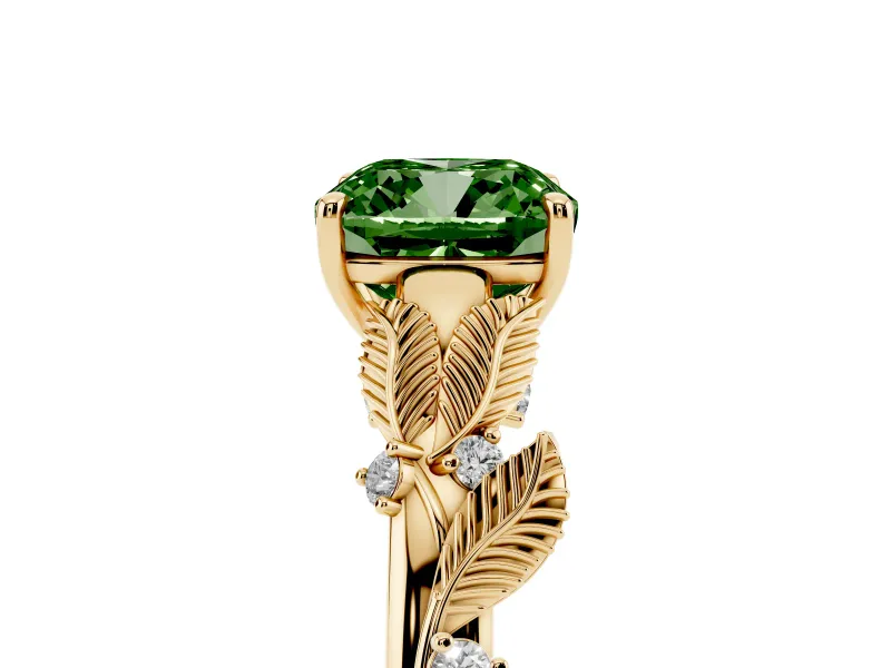 Cushion Cut Leaf Solitaire Engagement Ring Setting for a Fancy Green Lab-Grown Diamond | Yellow Gold