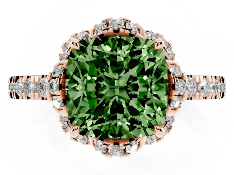 Cushion Cut Floral Petal Halo Engagement Ring Setting for a Fancy Green Lab-Grown Diamond | Pavé Band | Rose Gold