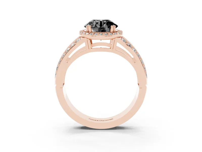 Round Halo Engagement Ring Setting for a Black Center | Two-Row Pavé Split Shank | Rose Gold