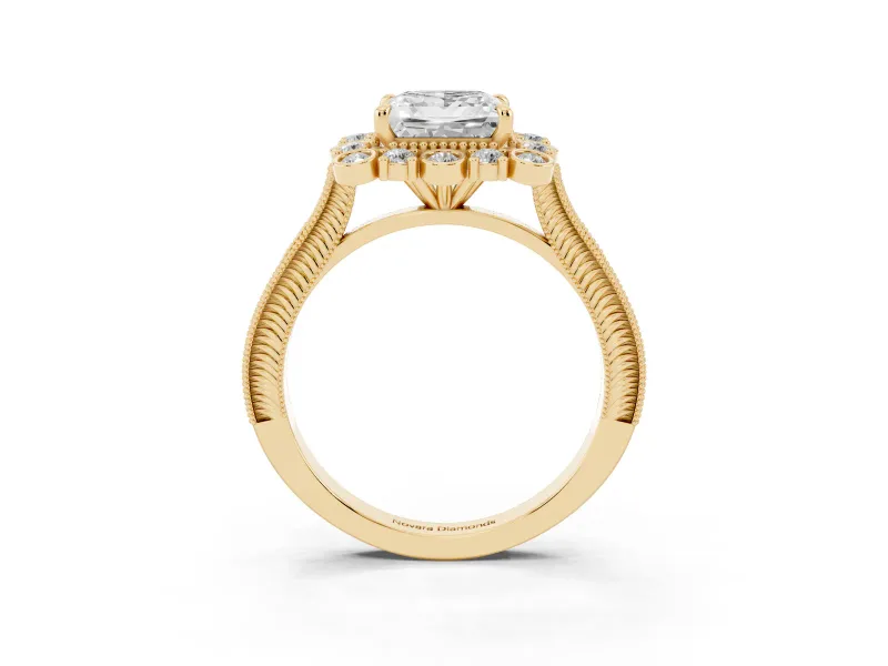 Princess Cut Diamond Halo Milgrain Pavé Ring Set in Yellow gold with Prong Setting