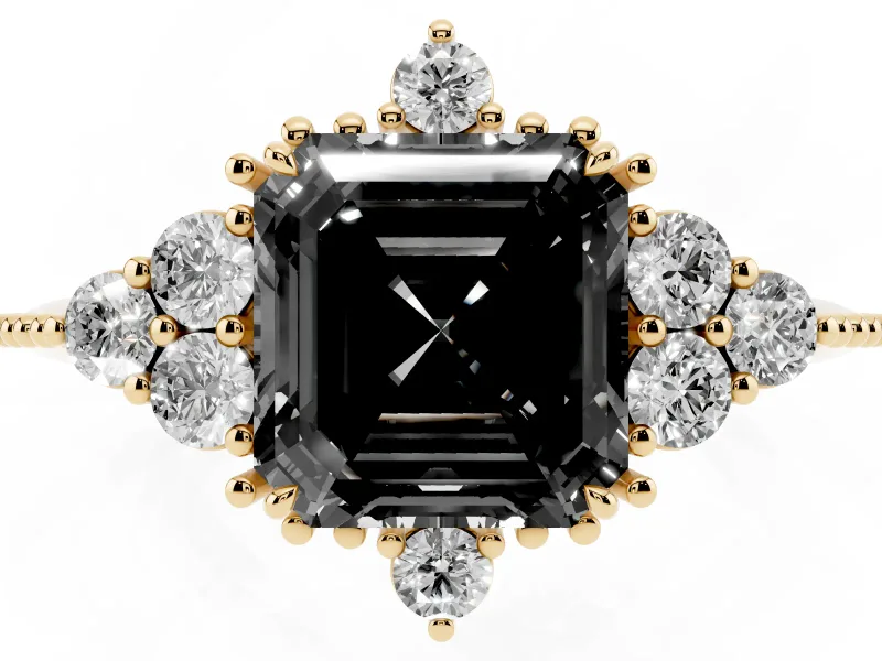 Asscher Cut Vintage Cluster Engagement Ring Setting for a Black Center | Beaded Edges | Yellow Gold