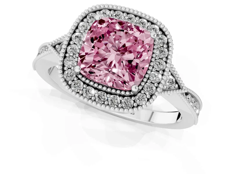 Cushion Cut Milgrain Halo Engagement Ring Setting for a Fancy Pink Lab-Grown Diamond | Graduated Pavé | Sterling Silver