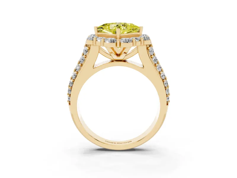 Fancy Yellow Princess Cut Diamond Halo Engagement Ring Set in Yellow gold with Split Shank and Prong Setting
