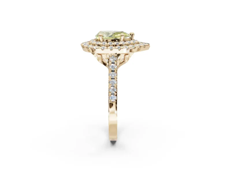 Canary Yellow Pear-Shaped Lab-Grown Diamond Double Halo Statement Ring Set in Yellow Gold with Pavé Band