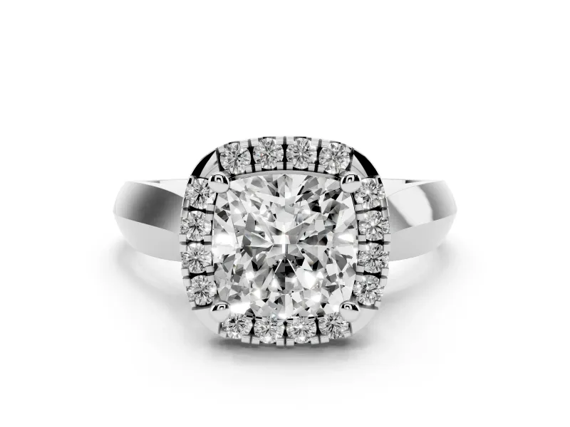 Cushion Cut Diamond Halo Solitaire Engagement Ring Set in White gold with Square Band and Prong Setting