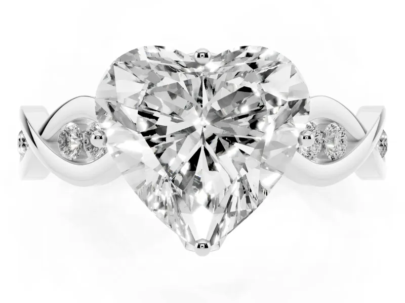 Heart Cut Diamond Twist Band Solitaire Ring Set in White gold with Leaf Prong Setting and Accent Stones