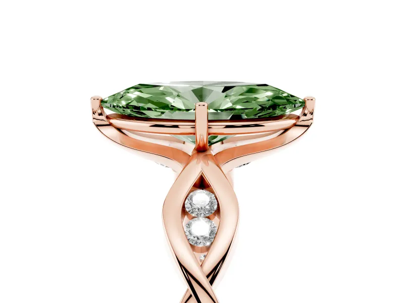 Fancy Green Marquise Cut Diamond Twist Band Solitaire Ring Set in Rose gold with Leaf Prong Setting and Accent Stones