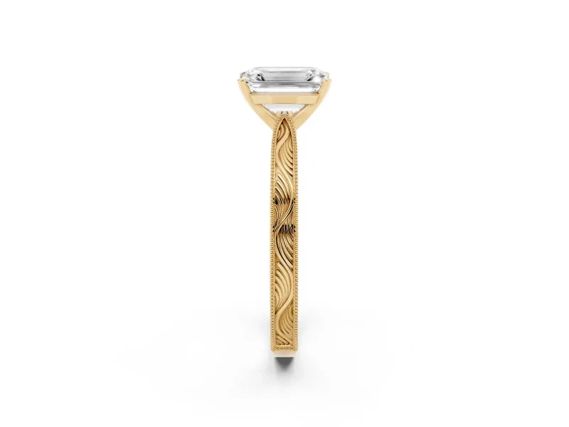 Emerald Cut Diamond Solitaire Milgrain Engraved Band Set in Yellow gold with Prong Setting