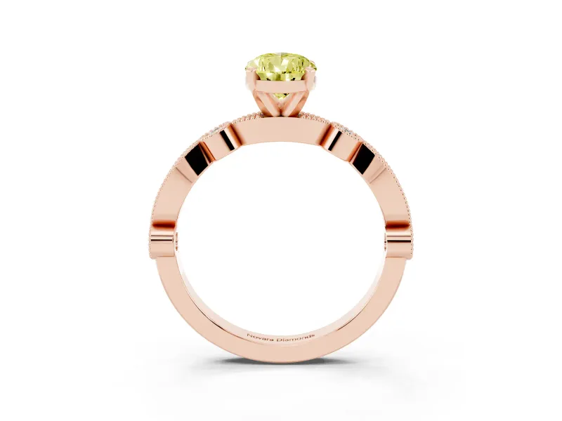Fancy Yellow Pear Cut Diamond Solitaire Engagement Ring Set in Rose gold with Milgrain Bezel Accent Band