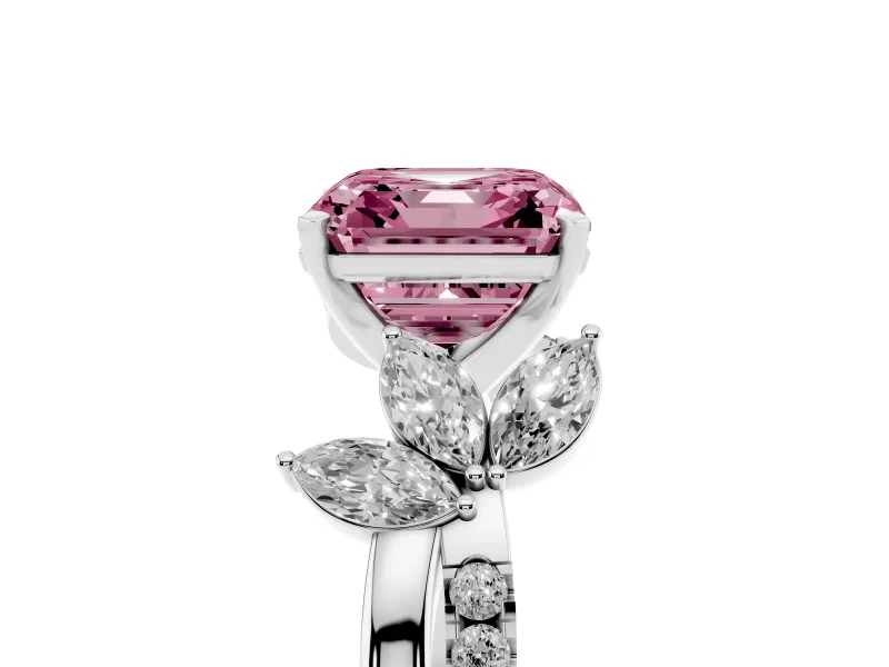 Fancy Pink Asscher Cut Diamond Floral Vine Solitaire Engagement Ring Set in Silver with Marquise Leaves