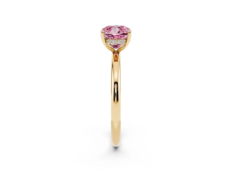 Fancy Pink Cushion Cut Diamond Solitaire Ring Set in Yellow gold with Thin Band and Prong Setting